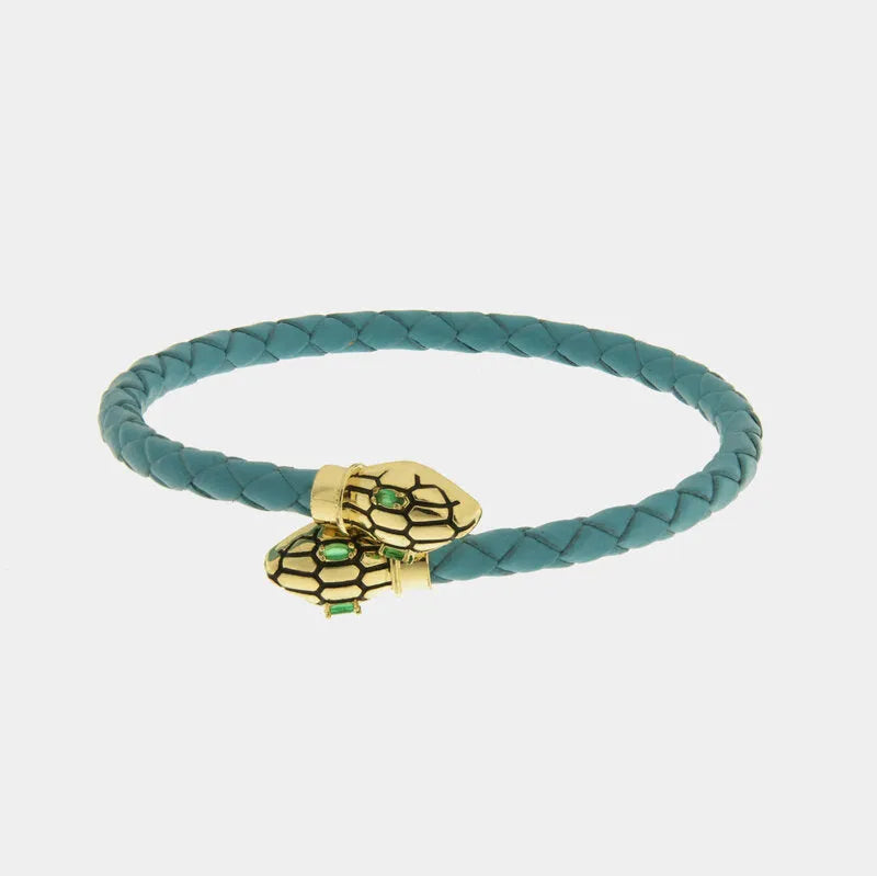 Bracciale in Metallo simil pelle intrecciata turchese con chiusura serpenti dorati