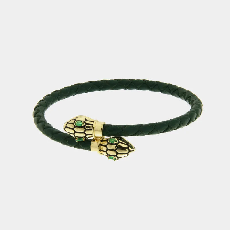 Bracciale in Metallo simil pelle intrecciata verde petrolio con chiusura serpenti dorati