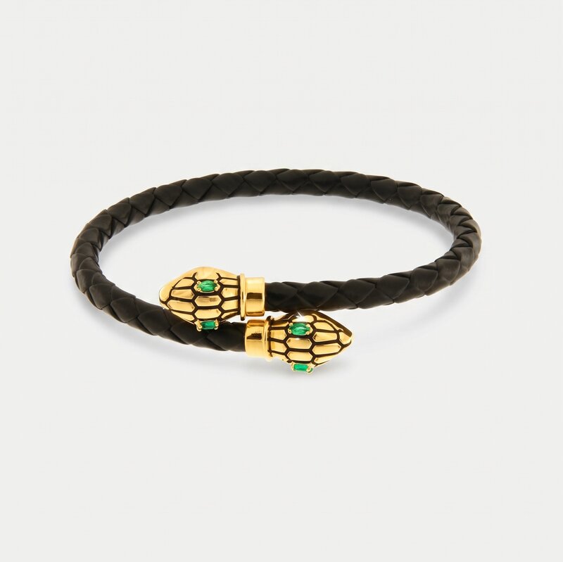 Bracciale in Metallo simil pelle intrecciata nero con chiusura serpenti dorati - BYSIMON gioielli