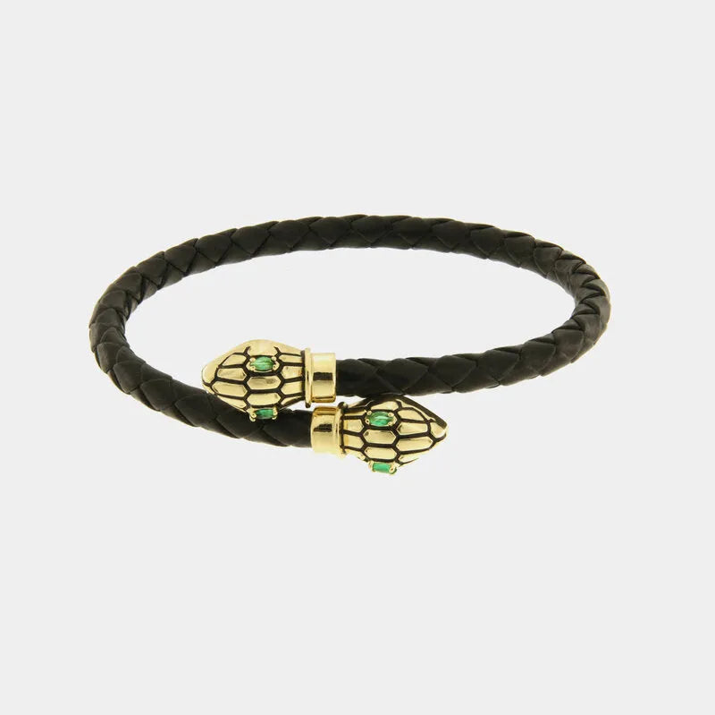 Bracciale in Metallo simil pelle intrecciata nero con chiusura serpenti dorati