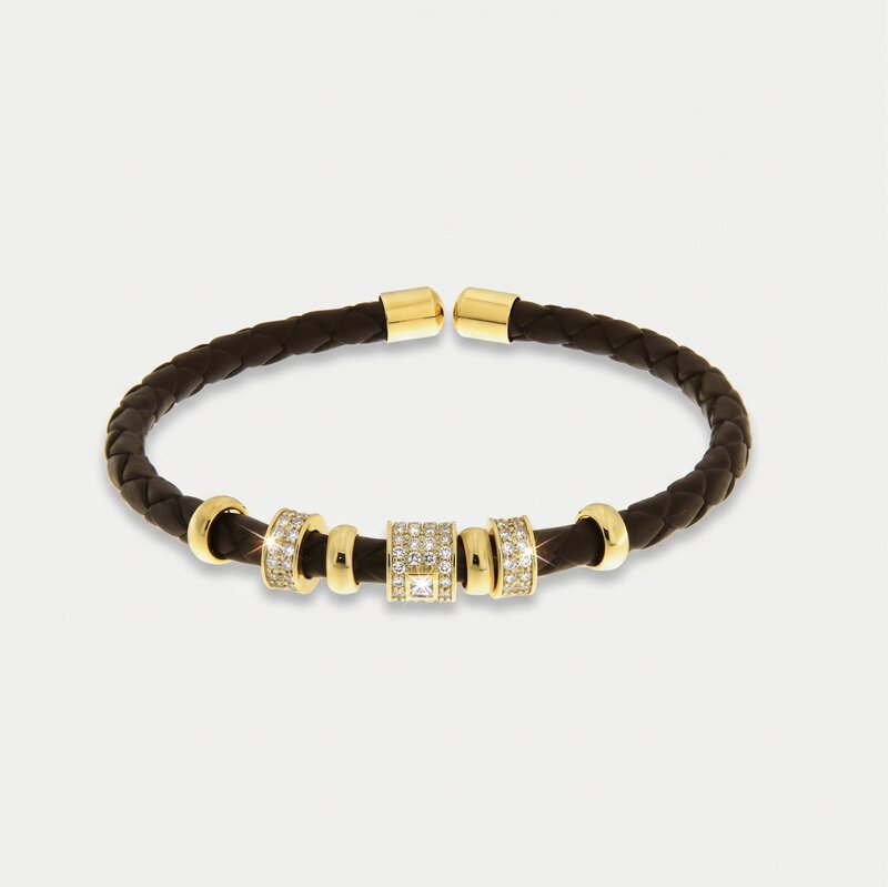 Bracciale in Metallo semirigido in simil pelle intrecciata marrone dettagli dorati centrali - BYSIMON gioielli