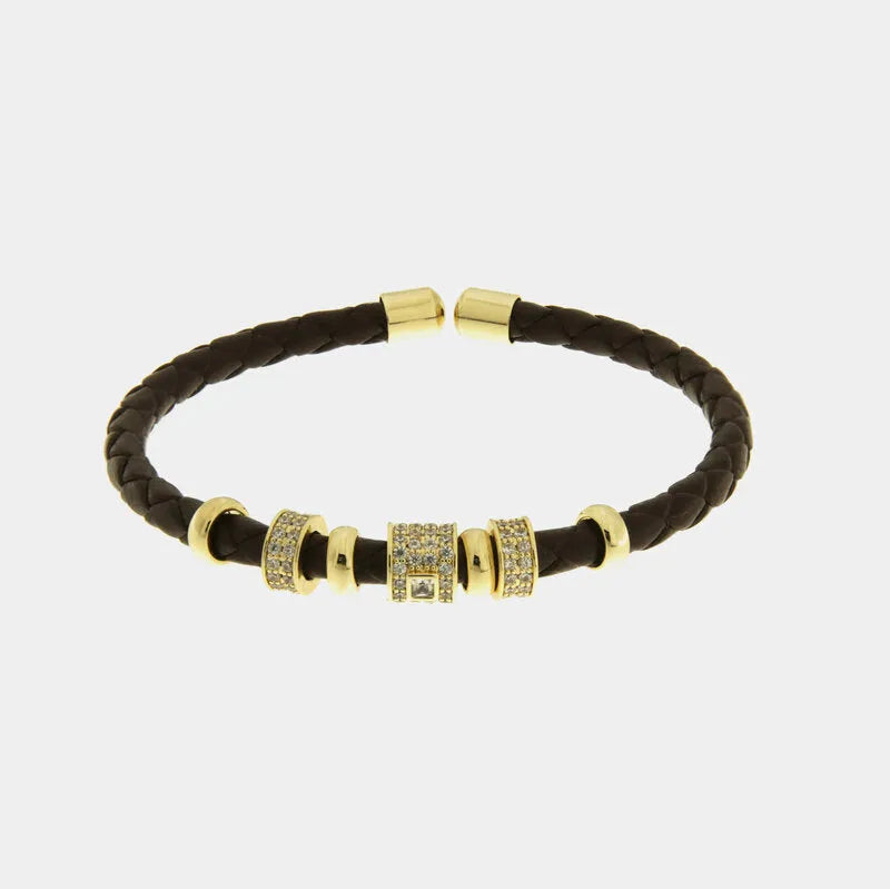 Bracciale in Metallo semirigido in simil pelle intrecciata marrone dettagli dorati centrali