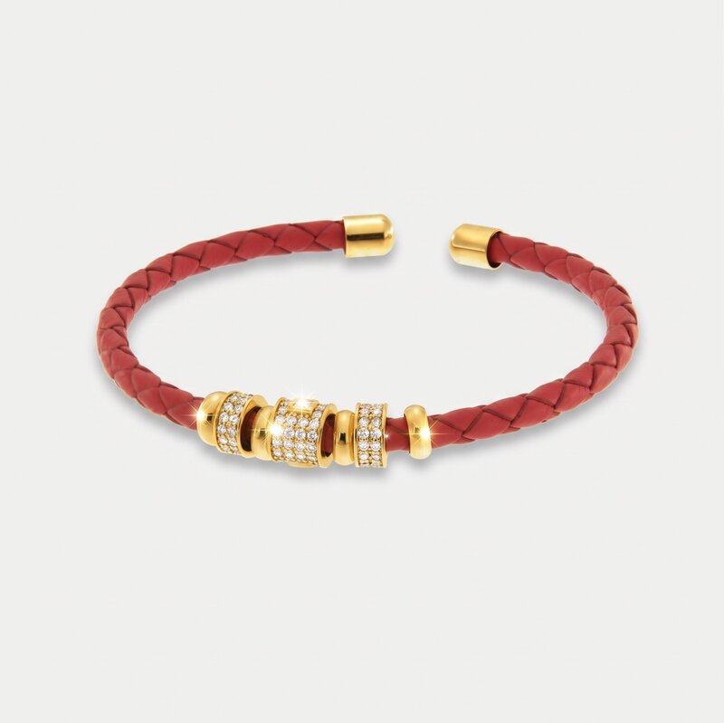 Bracciale in Metallo semirigido in simil pelle intrecciata rosa dettagli dorati centrali - BYSIMON gioielli