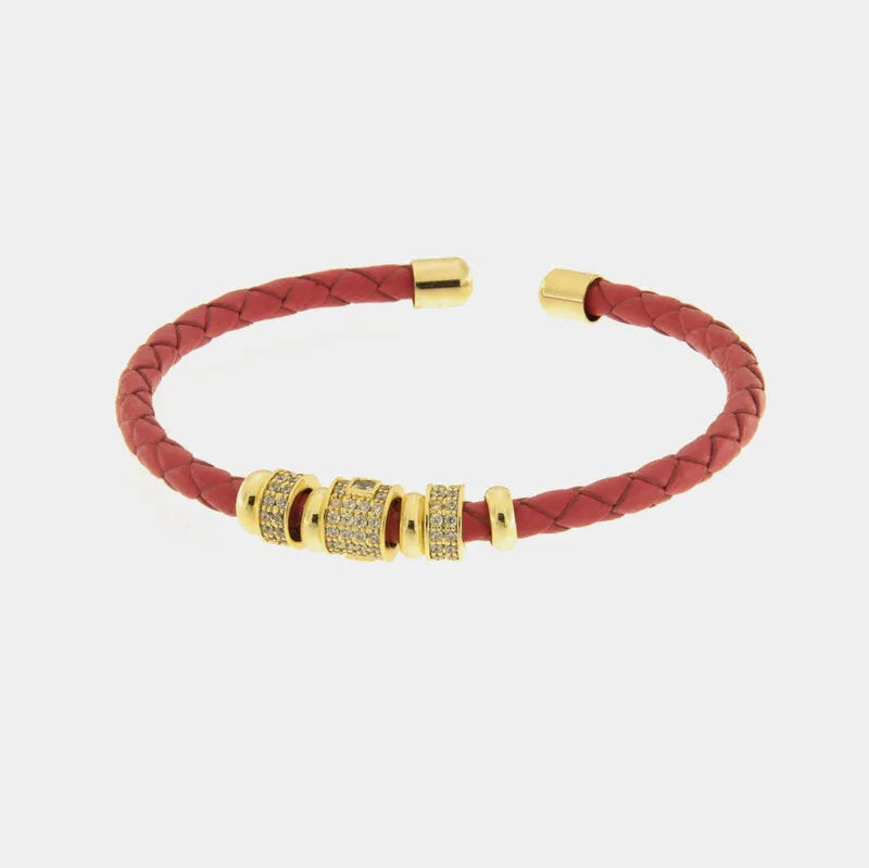 Bracciale in Metallo semirigido in simil pelle intrecciata rosa dettagli dorati centrali