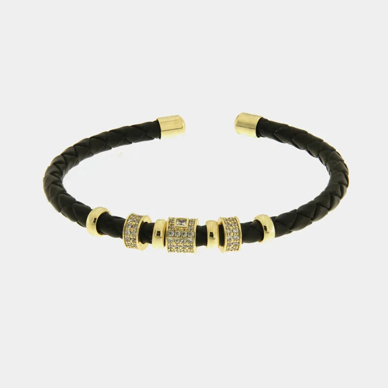 Bracciale in Metallo semirigido in simil pelle intrecciata nero dettagli dorati centrali