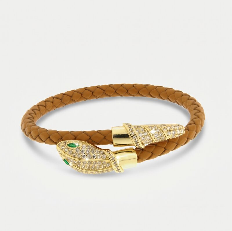Bracciale in Metallo simil pelle intrecciata marrone cuoio con chiusura serpente dorato - BYSIMON gioielli