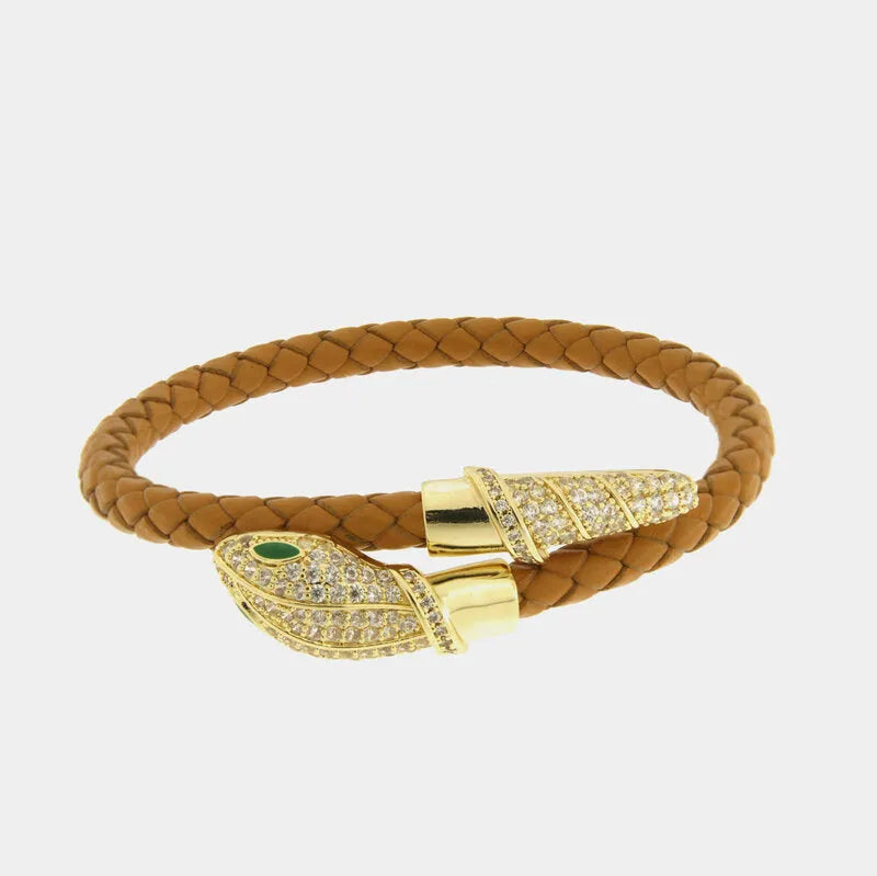Bracciale in Metallo simil pelle intrecciata marrone cuoio con chiusura serpente dorato