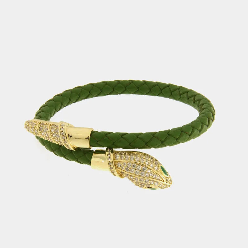 Bracciale in Metallo simil pelle intrecciata verde con chiusura serpente dorato