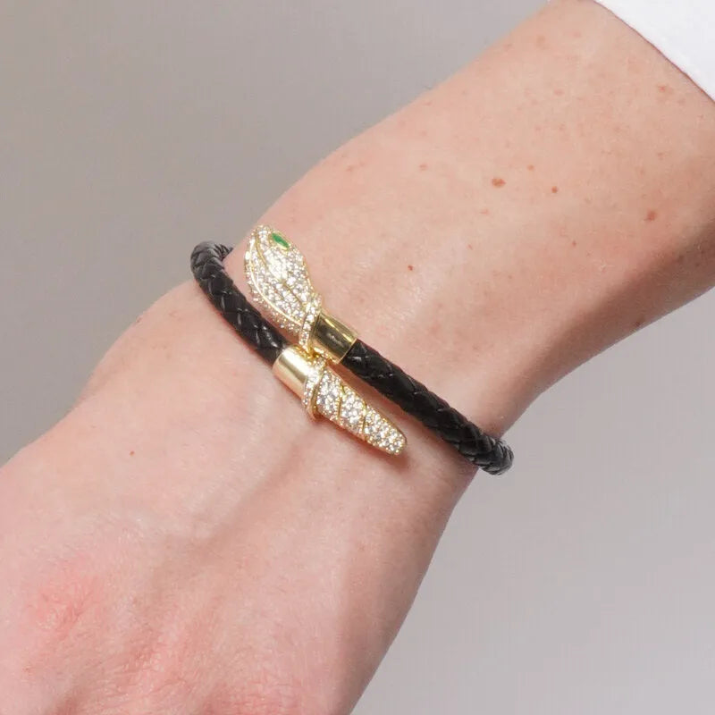 Bracciale in Metallo simil pelle intrecciata nero con chiusura serpente dorato