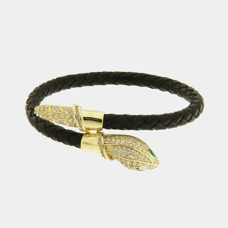Bracciale in Metallo simil pelle intrecciata nero con chiusura serpente dorato