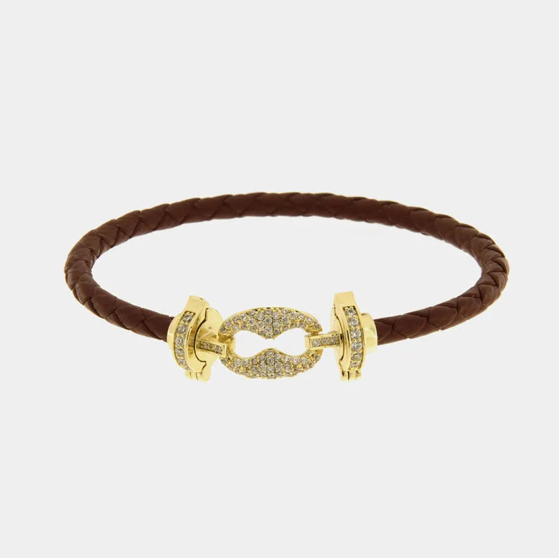 Bracciale in Metallo simil pelle intrecciata marrone con chiusura gioiello dorata