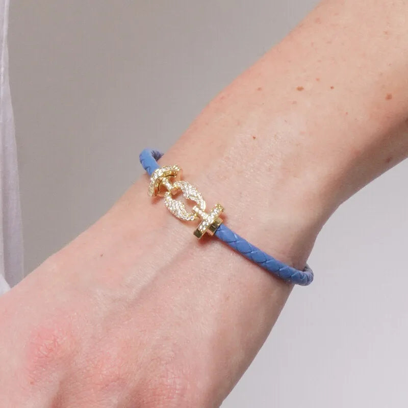 Bracciale in Metallo simil pelle intrecciata blu con chiusura gioiello dorata