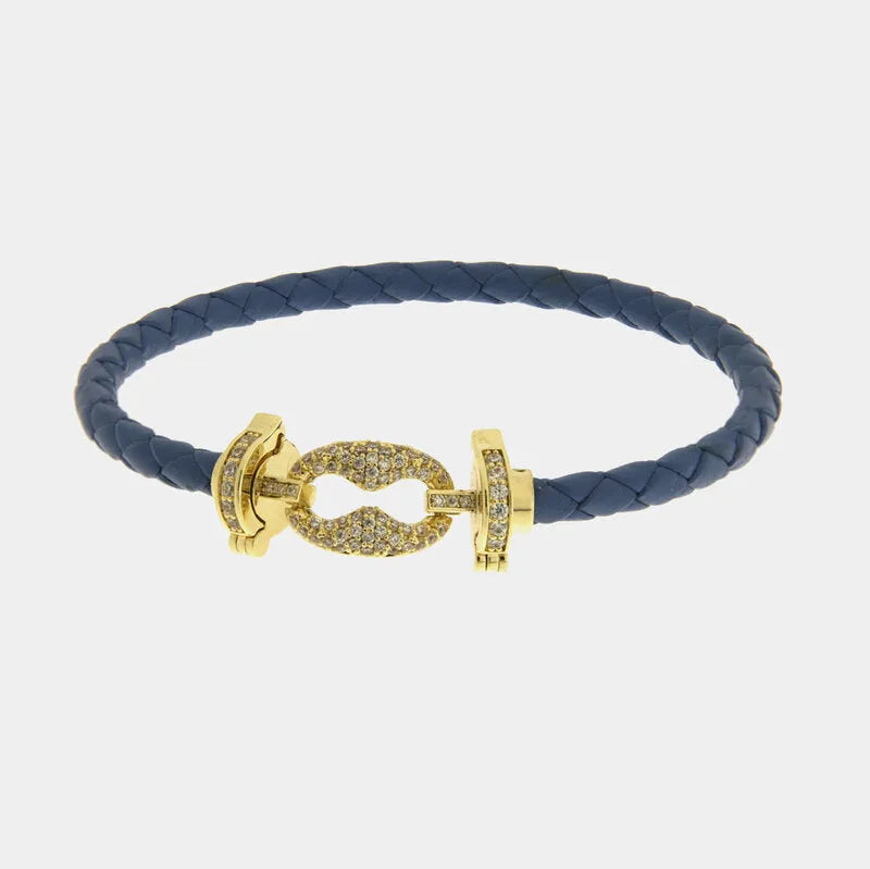 Bracciale in Metallo simil pelle intrecciata blu con chiusura gioiello dorata