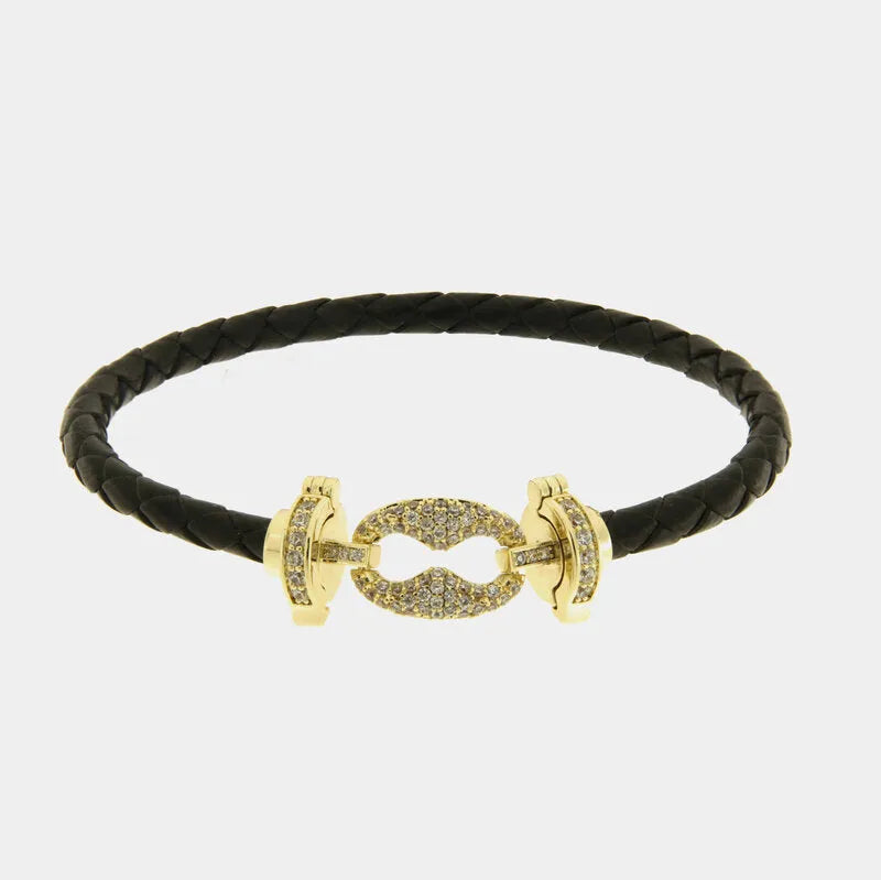 Bracciale in Metallo simil pelle intrecciata nero con chiusura gioiello dorata