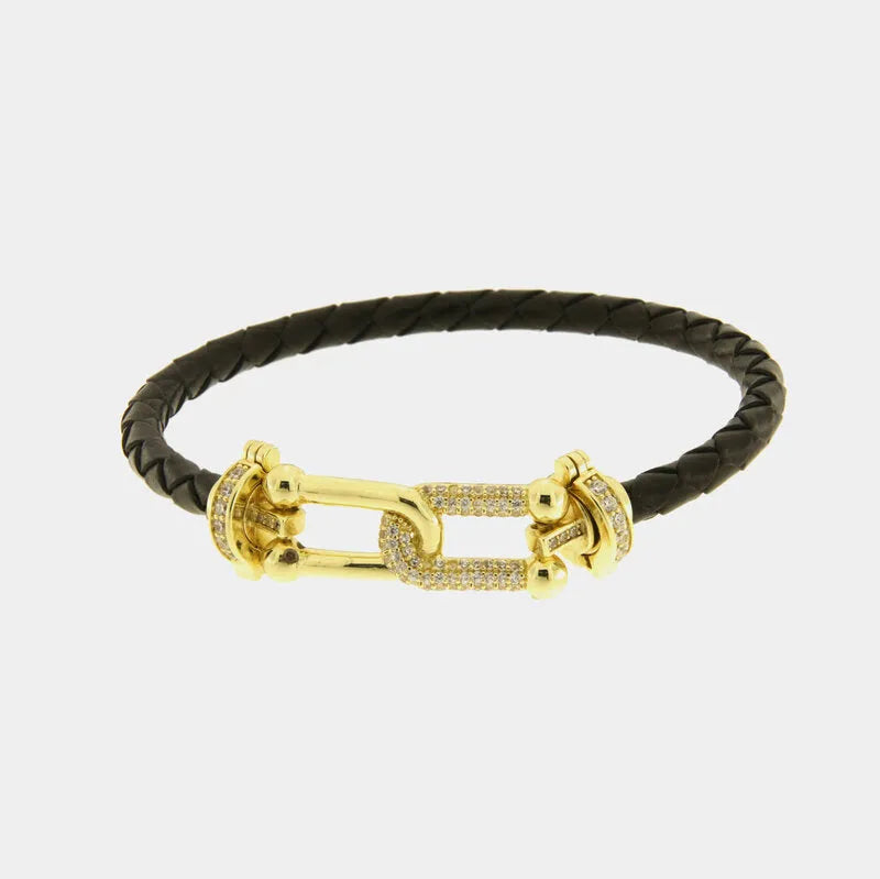 Bracciale in Metallo simil pelle intrecciata nero con chiusura gioiello dorata