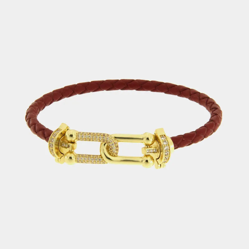 Bracciale in Metallo simil pelle intrecciata rosso con chiusura gioiello dorata