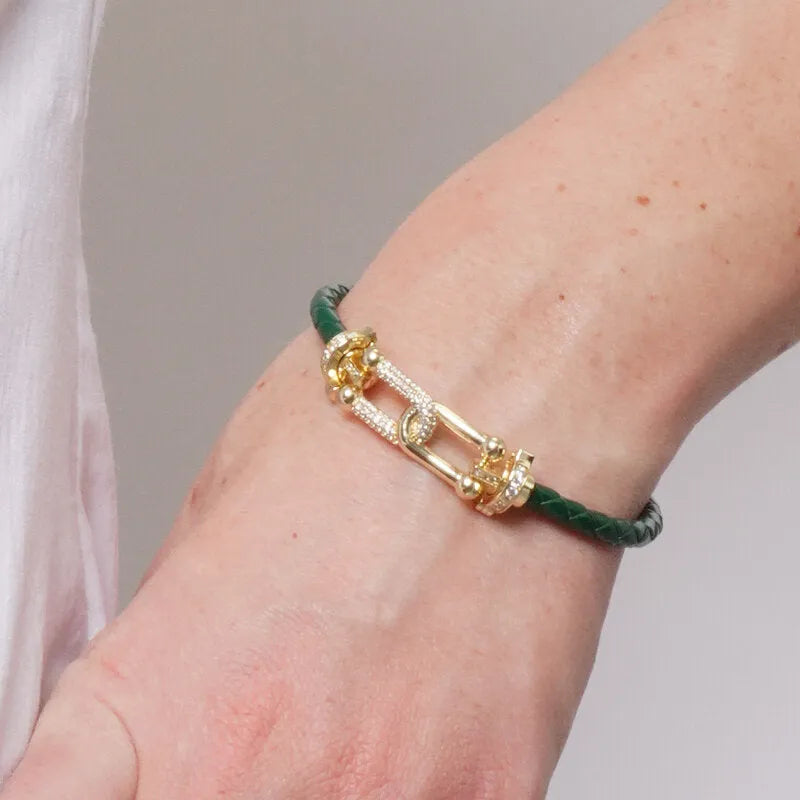 Bracciale in Metallo simil pelle intrecciata verdee con chiusura gioiello dorata
