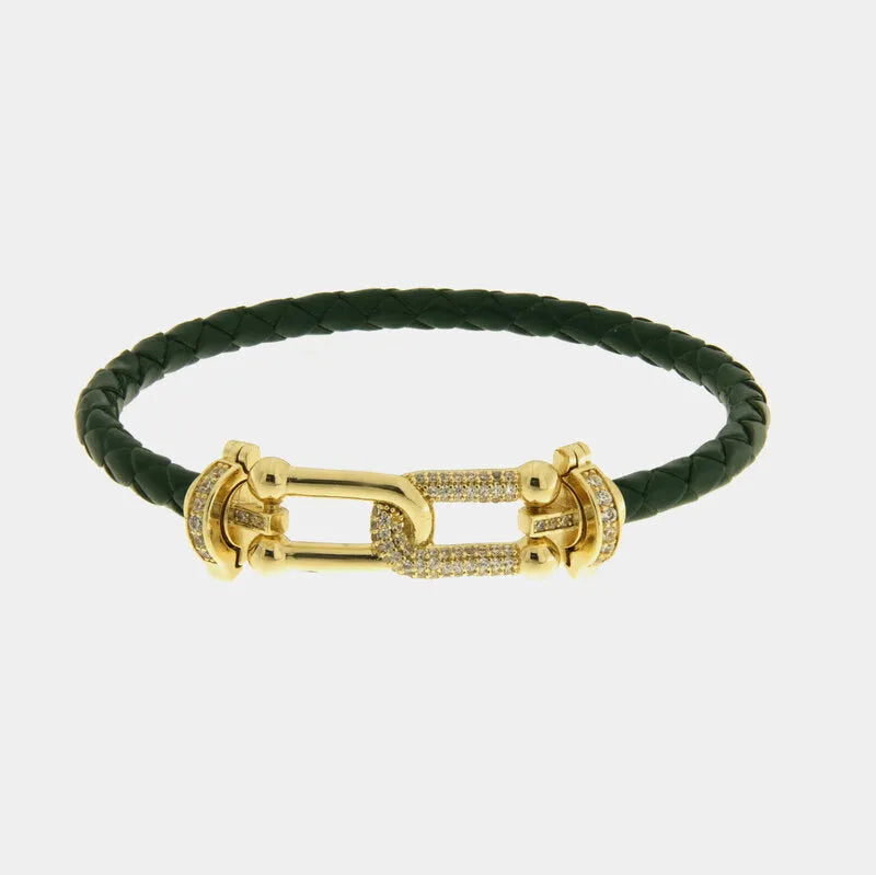 Bracciale in Metallo simil pelle intrecciata verdee con chiusura gioiello dorata