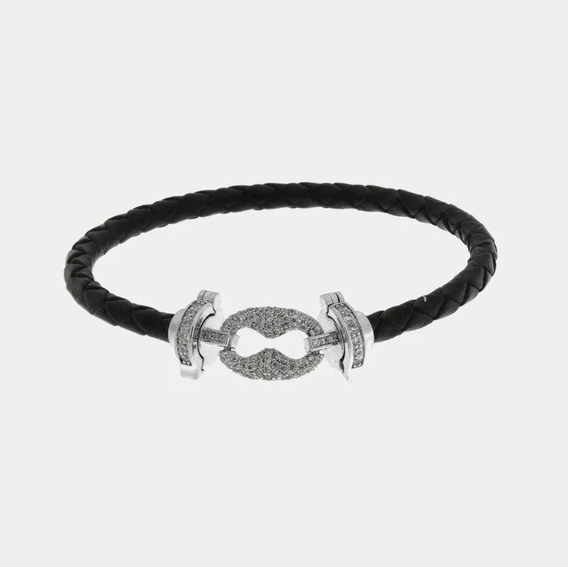 Bracciale in Metallo simil pelle intrecciata nero con chiusura gioiello argentata