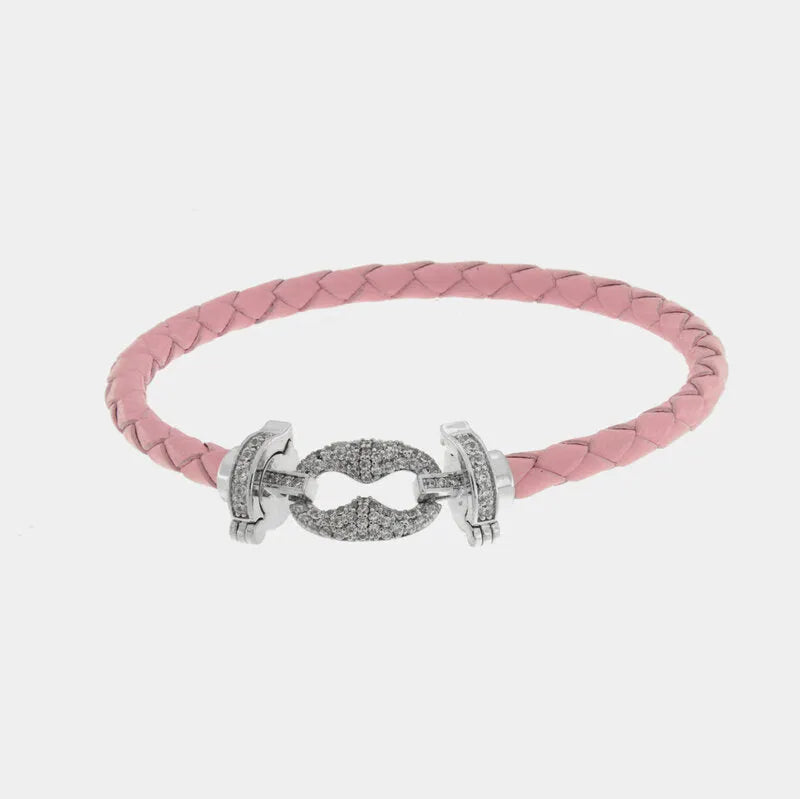 Bracciale in Metallo simil pelle intrecciata rosa con chiusura gioiello argentata