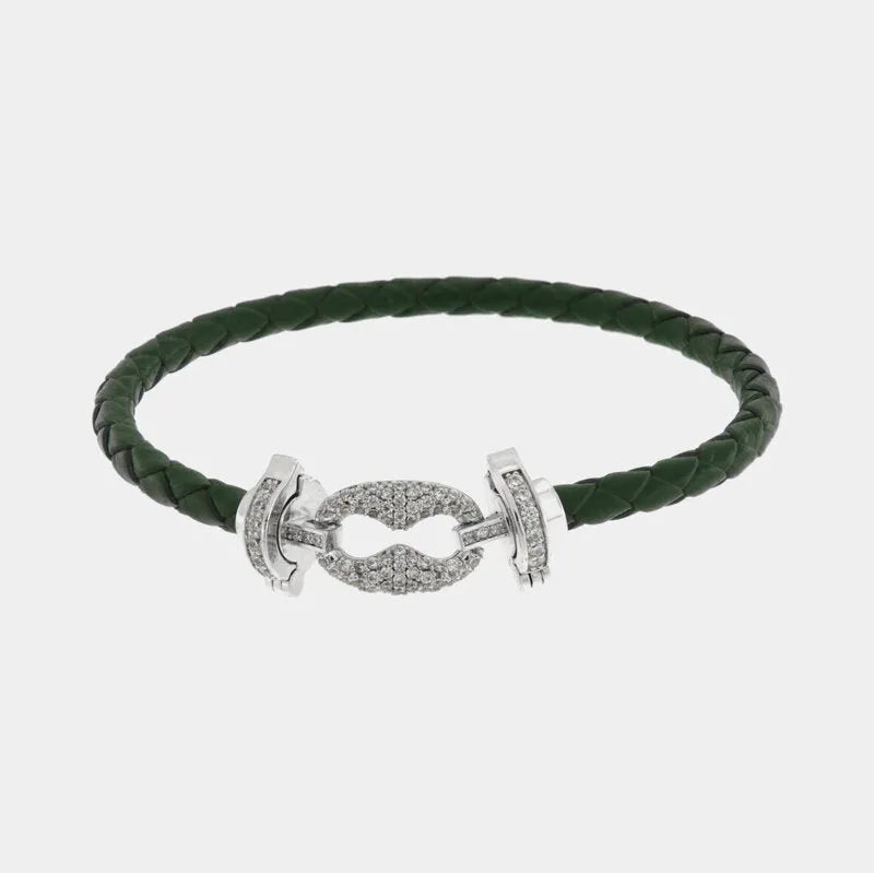Bracciale in Metallo simil pelle intrecciata verde con chiusura gioiello argentata