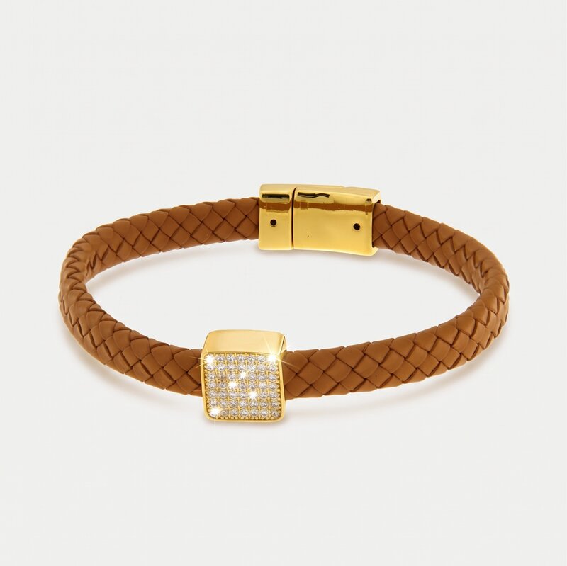 Bracciale in Metallo simil pelle intrecciata marrone cuoio con centrale quadrato dorato - BYSIMON gioielli
