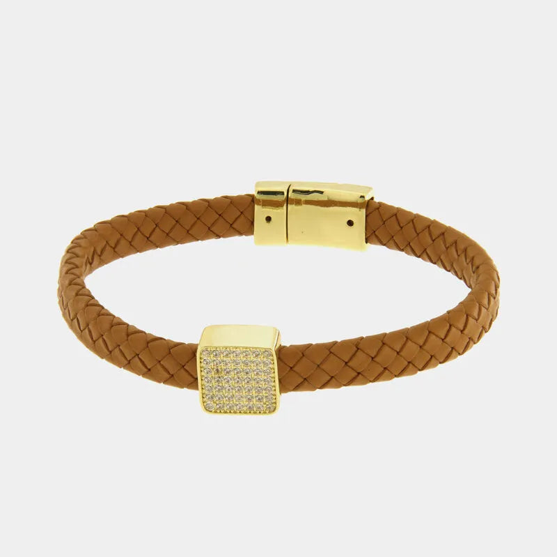 Bracciale in Metallo simil pelle intrecciata marrone cuoio con centrale quadrato dorato