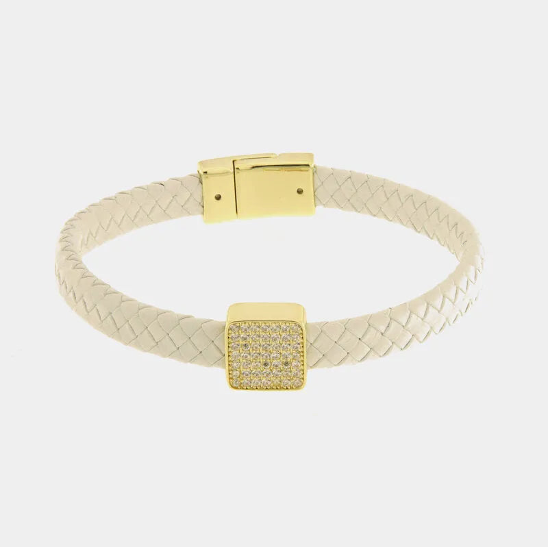 Bracciale in Metallo simil pelle intrecciata bianco con centrale quadrato dorato