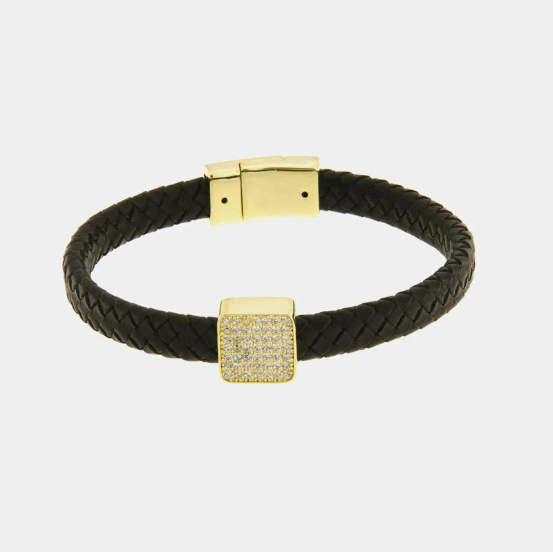 Bracciale in Metallo simil pelle intrecciata nero con centrale quadrato dorato