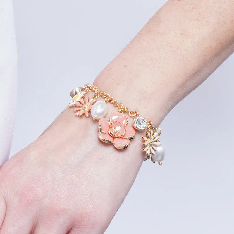 Passeggiata - Bracciale in Metallo fiori rosa e perline