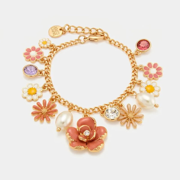Bracciale in Metallo fiori rosa e perline