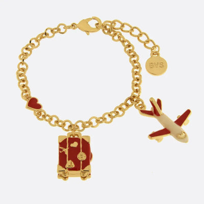 Bracciale in Metallo aereo, cuore e valigia rossi