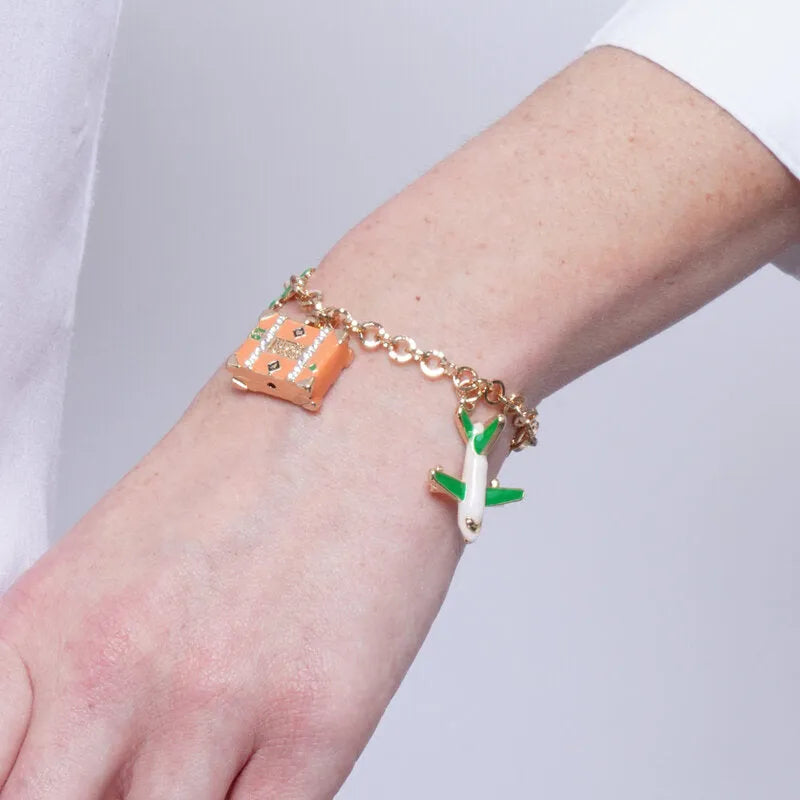 Bracciale in Metallo aereo, quadrifoglio e valigia arancione e verde