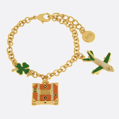 Bracciale in Metallo aereo, quadrifoglio e valigia arancione e verde