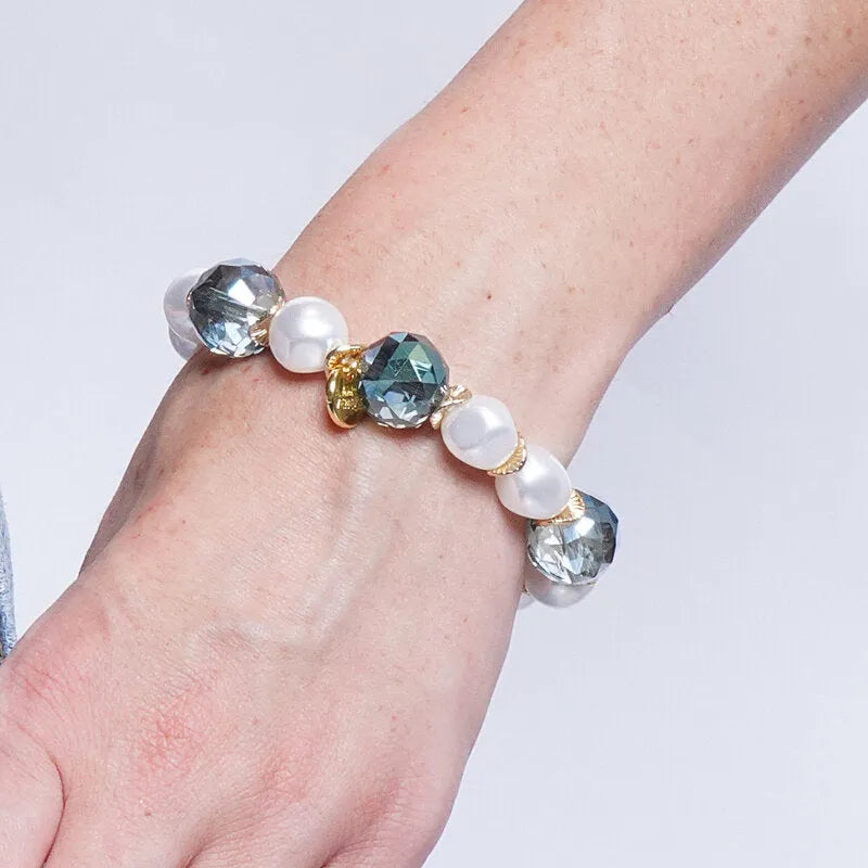 Bracciale in Metallo elastico perle e sfere di cristalli