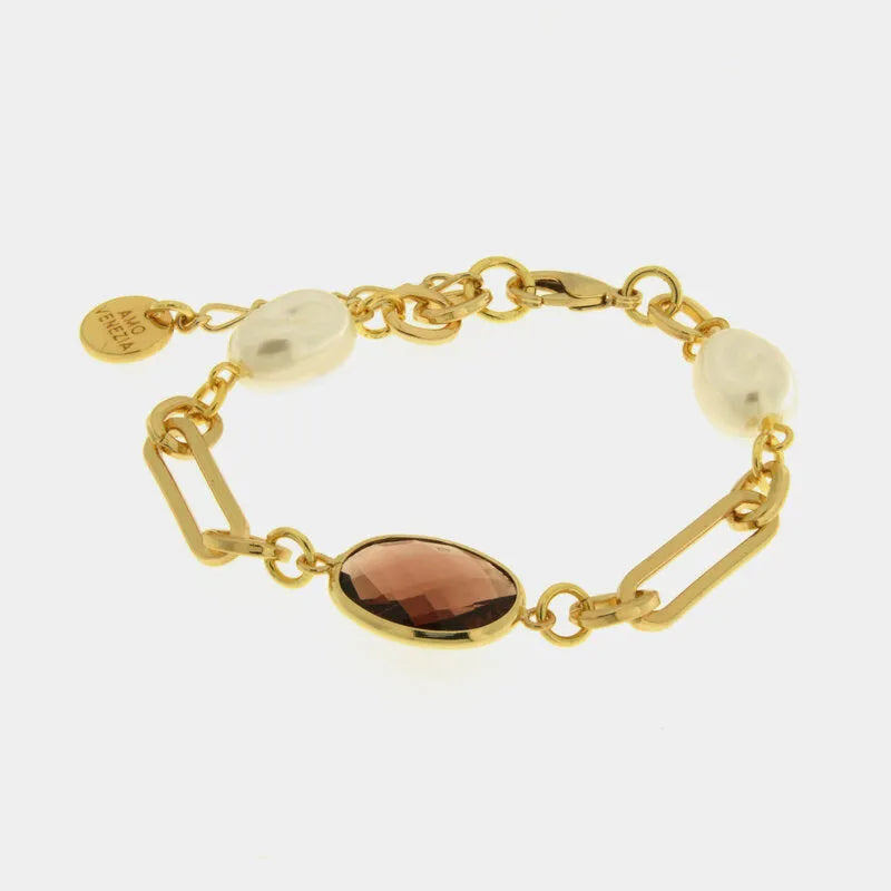 Bracciale in Metallo con cristallo ovale marrone