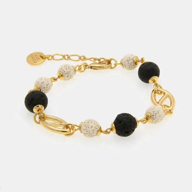 Bracciale in Metallo con sfere laviche  bianche e nere