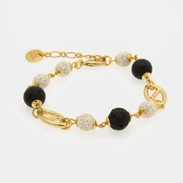 Bracciale in Metallo con sfere laviche bianche e nere
