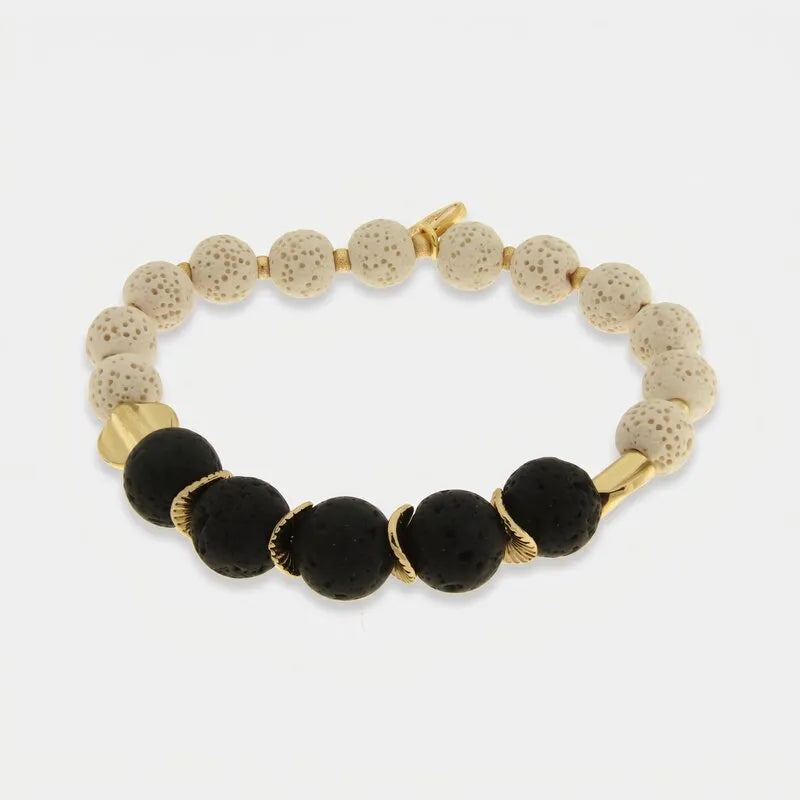 Bracciale in Metallo elastico con sfere laviche bianche e nere