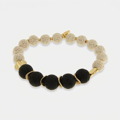 Bracciale in Metallo elastico con sfere laviche bianche e nere