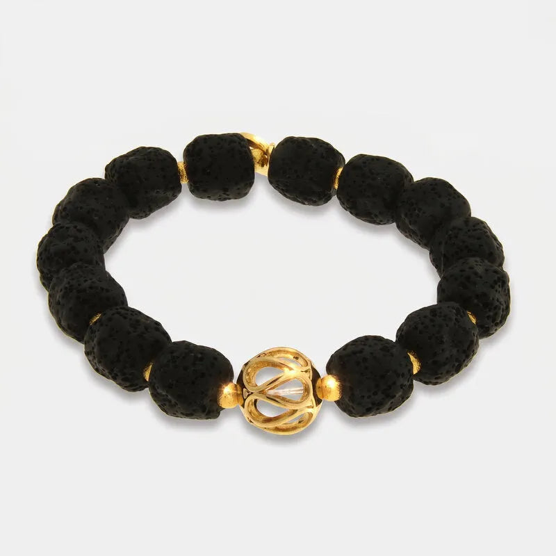 Bracciale in Metallo elastico con sfere laviche nere e dorata