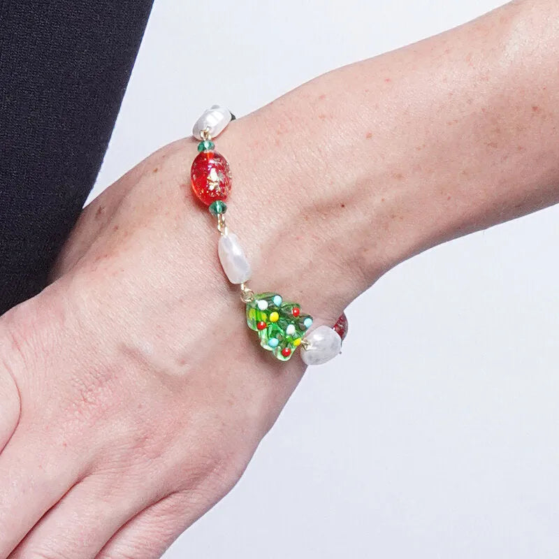 Bracciale in Metallo perline colorate e albero di Natale art glass