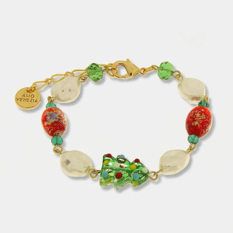 Bracciale in Metallo perline colorate e albero di Natale art glass