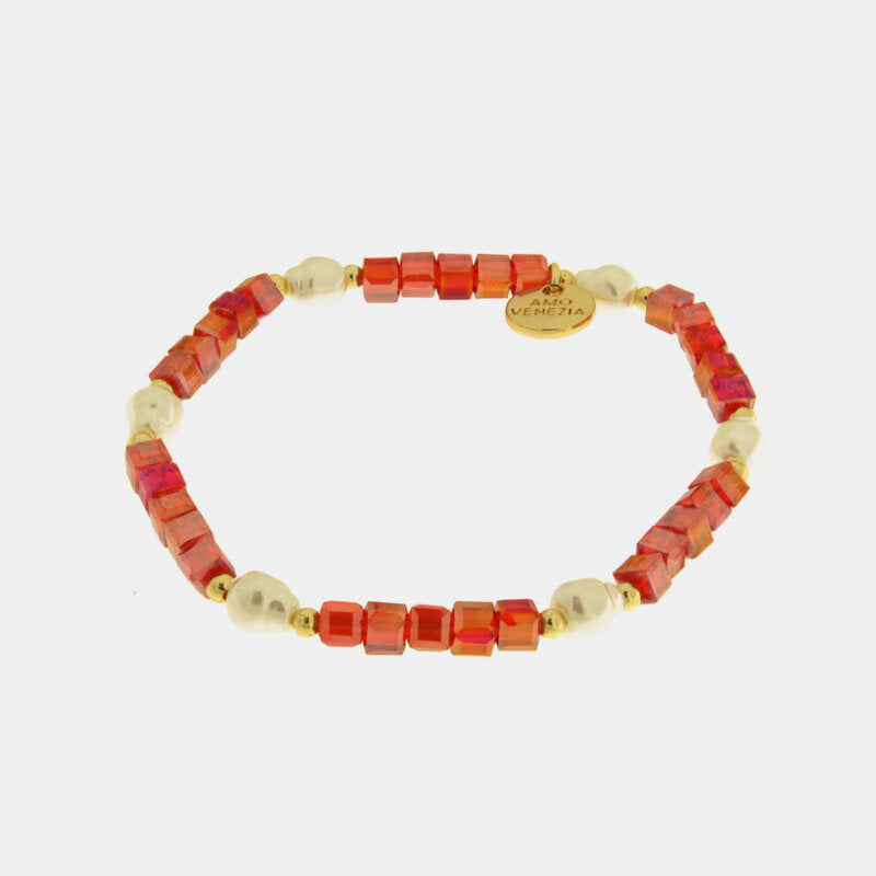 Bracciale in Metallo cristalli rossi e perline