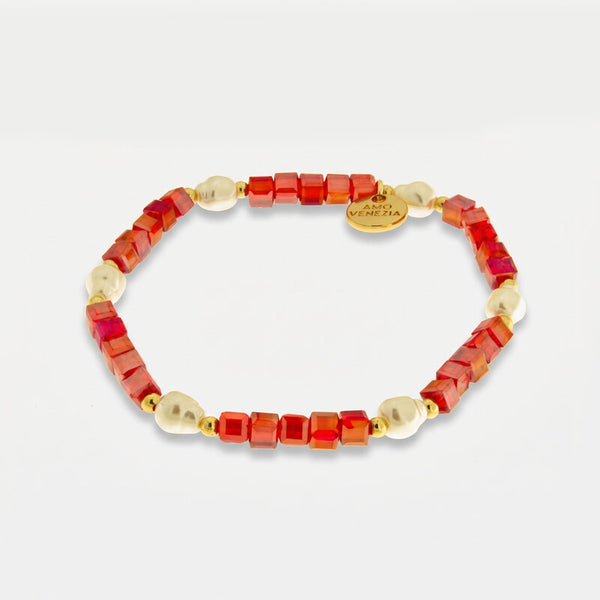 Bracciale in Metallo cristalli rossi e perline