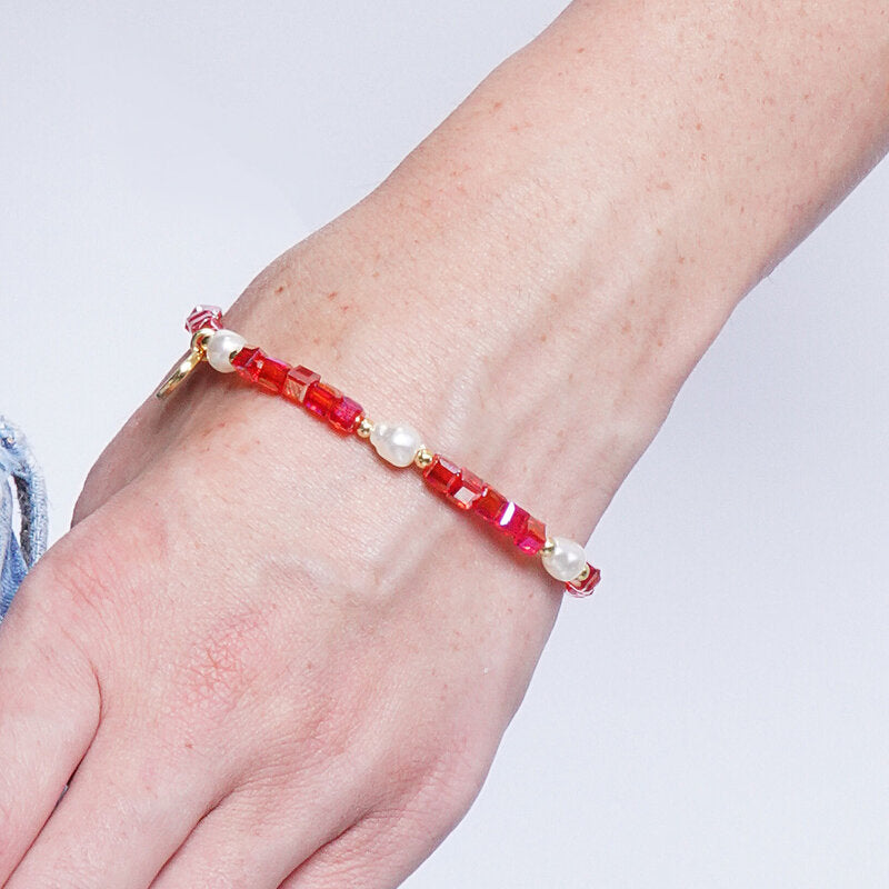 Bracciale in Metallo cristalli rossi e perline