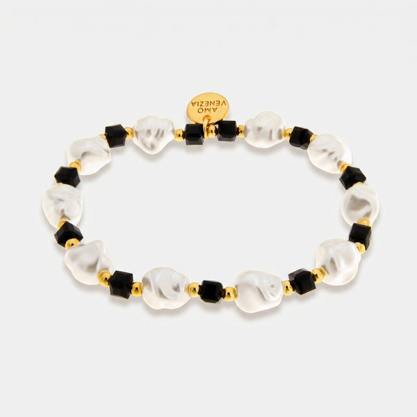Bracciale in Metallo cristalli cubici neri e perline - BYSIMON gioielli