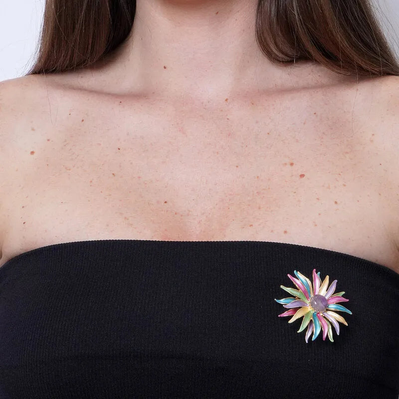 Spilla in Metallo magnetica fiore smaltato e petali multicolore