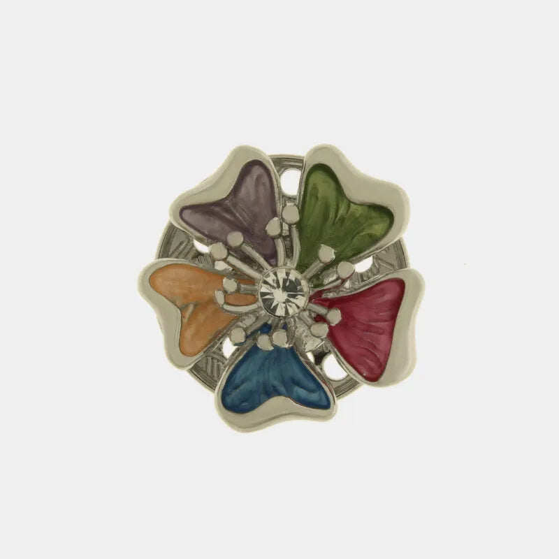 Spilla in Metallo magnetica fiore  petali smaltati multicolore e cristallo centrale