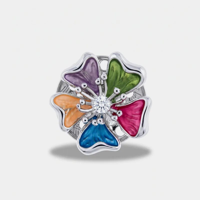 Spilla in Metallo magnetica fiore  petali smaltati multicolore e cristallo centrale